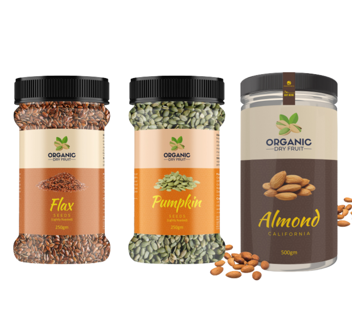 Organic dry fruit | premium dry fruit | best organic almonds | online dry fruits in india | Combo Pack Of 3 Almonds 500G Pumpkin 250G And Flax Seeds 250G