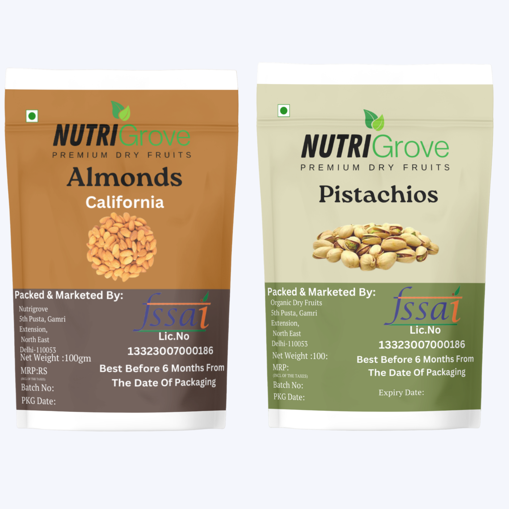 Premium Roasted Pistachios & California Almond Pack - Two 100g pouches of gourmet nuts with
