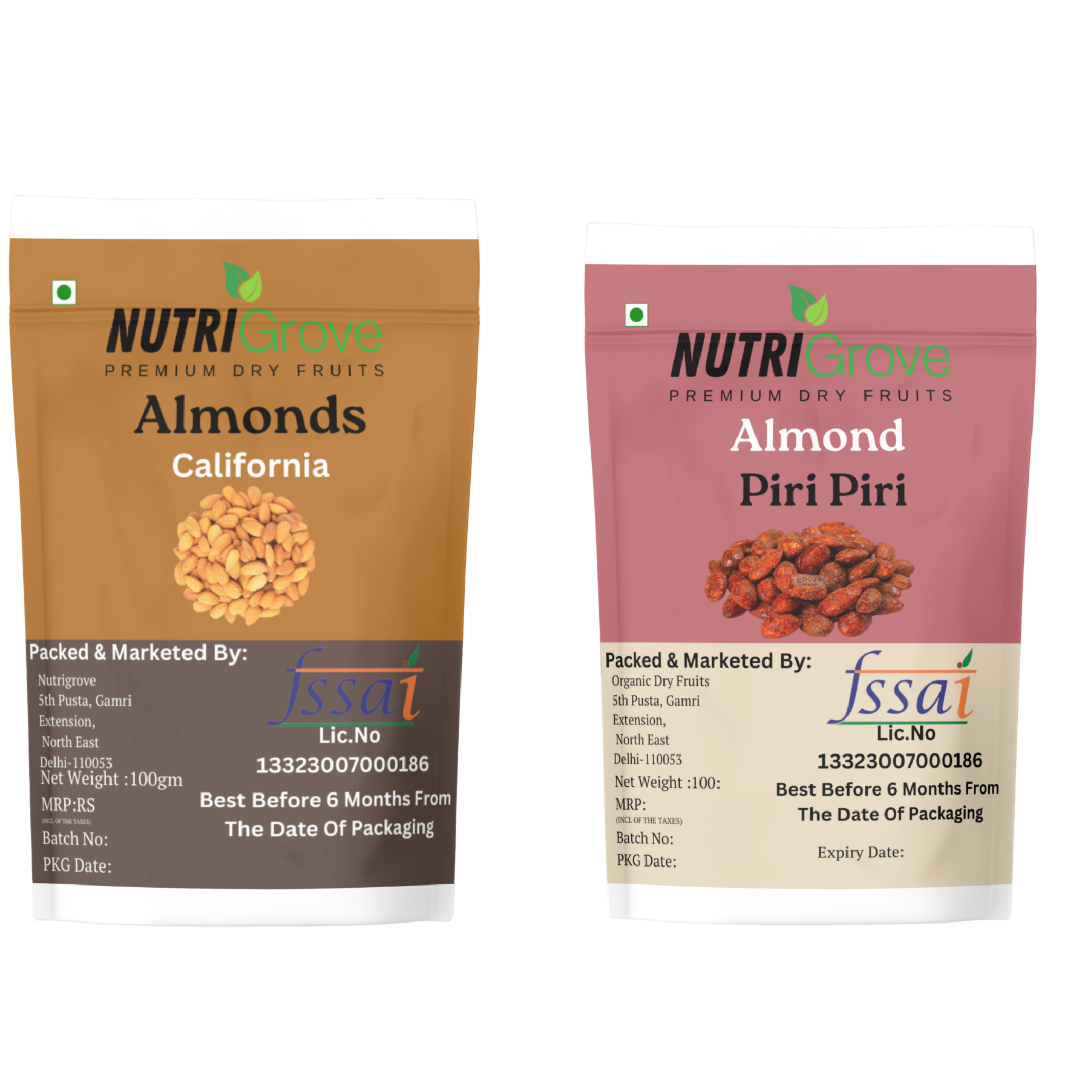 "Piri Piri Almond & California Almond Pack - Two 100g pouches of premium almonds, a perfect blend of bold spice and natural goodness. Ideal for healthy snacking and gifting